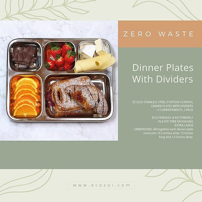 Extra Large Premium Stainless Steel Dinner Plates, 5 Compartments, Set of 2 | Eco Friendly Dinnerwear for Camping, Portion Control, Meal Prep, Lunch, and Party