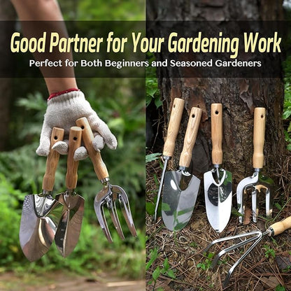 13-Piece Garden Tools Set with Tote Bag & Apron, Repotting Mat - Stainless Steel Heavy Duty Planting Kit, Ergonomic Non-Slip Handles - Gardening Gift for Women, Mom, Home Gardeners