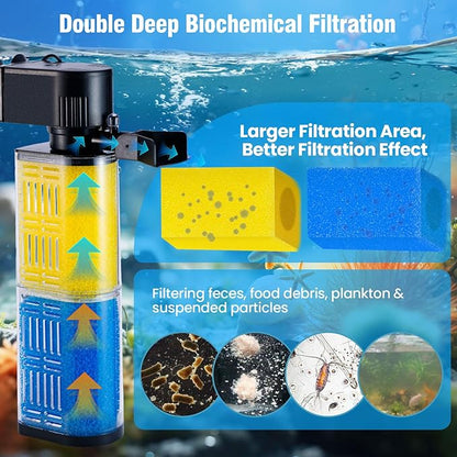 Aquarium Filter for 30-100 Gallons, Ultra-Quiet Fish Tank Filters Biochemical Filtration 400GPH Powerful Pump Submersible Sponge Filter for Large Fish & Turtle Tanks Water Clear Air Supply (18W)