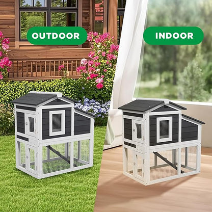 2 Story Rabbit Cage, Weatherproof Rabbit Hutch Indoor & Outdoor, Wooden Guinea Pig Cages with Removable Tray Openable Roof for Small to Medium Animals