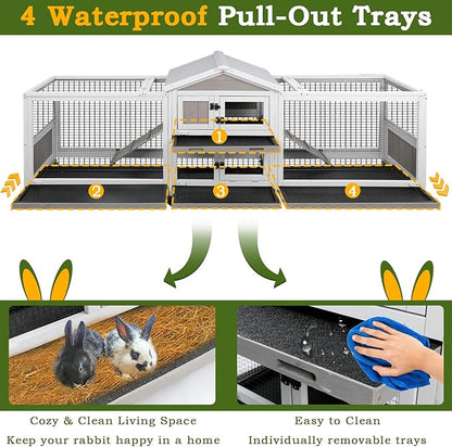 Double Rabbit Hutch Outdoor Indoor Large Bunny Cage with Dual Side Runs, 2-Story Wooden Hutch with 4 Leak Proof Trays, 8 Wheels, Waterproof Roof, Ramp, for Small to Medium Animals