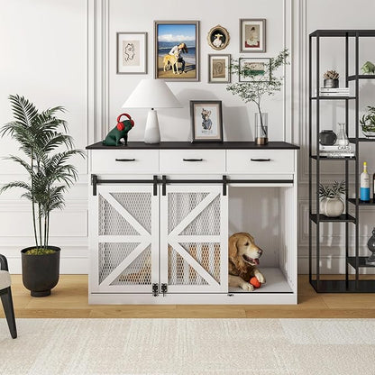 48'' Dog Crate Furniture with Divider&Storage Drawers, Wooden Double Dog Kennel Furniture End Table with Sliding Barn Doors, White Double Dog Crate TV Stand