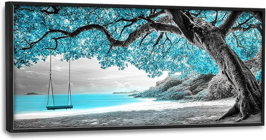 Extra Large Framed Abstract Tree Wall Art,Black and White Tree of Life Wall Decor,Blue Teal Sea Pictures for Living Room,Canvas Print Painting Modern Artwork Bedroom Office Bathroom 60L x 30W