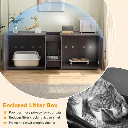Gaomon Litter Box Enclosure with Double Room,Cat Hidden Litter Box Enclosure Furniture for 2 Cats with Double Room, 55”L x 17.7”W x 22.5”H Cat House,Wooden Enclosed Cat Litter Box Furniture,Walnut