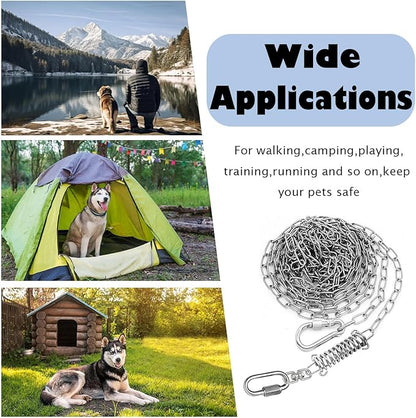 25ft Heavy Duty Chew Proof Dog Tie Out Chain Leash with Shock Absorbing Spring&Lockable Hooks-Up to 200Lbs,Use for Yard,Garden,Camping or Travel