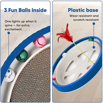 20-Inch Round Cat Scratcher with Ball Track – 3-in-1 Cardboard Scratching Pad with Feather Toy & Non-Slip Base – Interactive Cat Toy for Indoor Cats, Kittens & Large Cats (Blue)