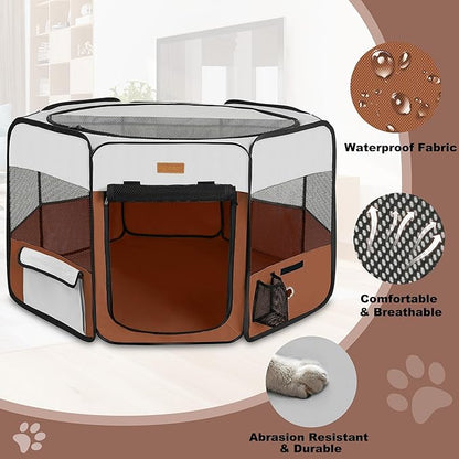 Dog Playpen, Portable Pet Play Pen for Cat, Puppies, Rabbits, Chickens, Foldable Large-Capacity Pet Tent for Indoor/Outdoor Travel Camping Brown