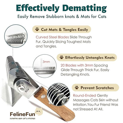 FelineFun Cat Brush for Dematting & Deshedding, 2 in 1 Undercoat Rake, Efficiently Remove Loose Hair & Matted Fur, Professional Shedding Comb for Indoor Cats & Long Haired Cats