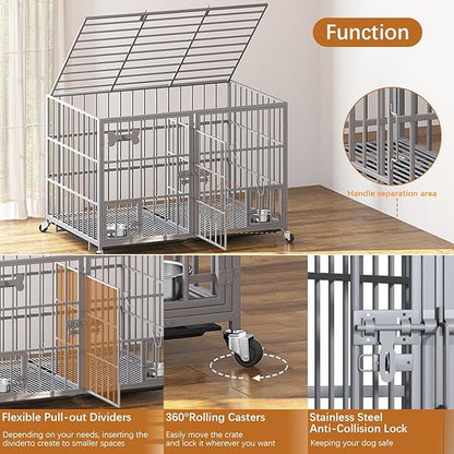 aboxoo 42/48 inch Heavy Duty Metal Dog Crate for 2 Dogs/Large Dog,All Metal Open Top,Dog Kennel Indoor with Wheels,Floor Grid, Tray, Divider and Feeding Bowl (Sliver)
