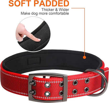 Fida Heavy Duty Dog Collar 1.5” Width, Ultra Soft Neoprene Padded, Adjustable Reflective Nylon Pet Collar with Two Metal Pin Belt Buckle for Large/X-Large Breeds (XL, Red)