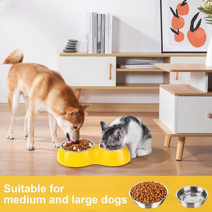 Elevated Dog Bowls Set - Non-Slip Raised Pet Feeder with Medium (2 Cups) & Large (4 Cups) Stainless Steel Bowls - Includes Durable Resin Stand for Puppies, Adult Dogs & Cats - Yellow