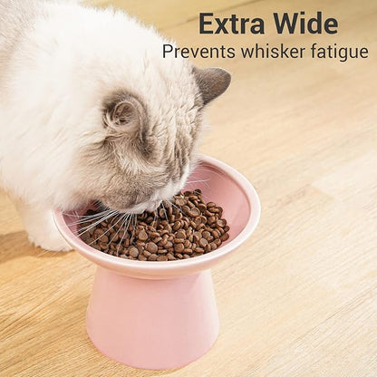 Extra Wide Elevated Ceramic Cat Food Bowl - 6.2" Shallow Dish for Whisker Fatigue Relief, 5" Height for Easy Feeding, Lead & Cadmium Free, Durable Raised Cat Food Bowls, Pink