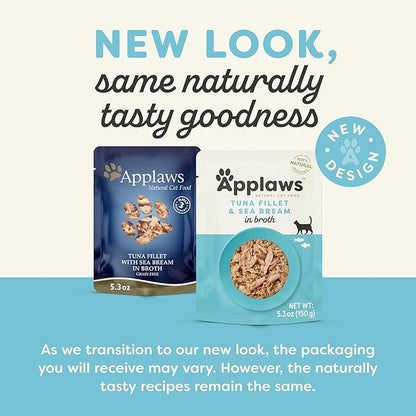 Applaws Natural Wet Cat Food in Broth, Limited Ingredient Wet Cat Food Pouches, No Additives, Made with Natural Ingredients, Tuna Fillet with Seabream in Broth (12 x 5.3oz Pouches)