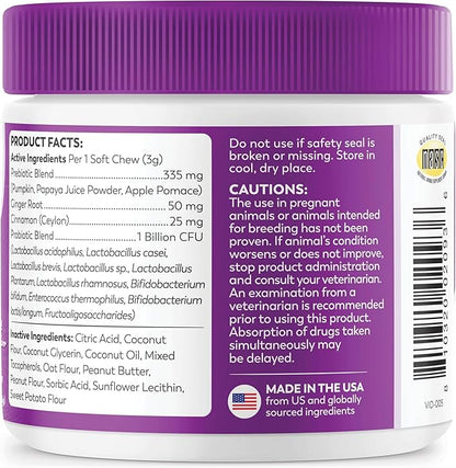Dr. Harvey's Digestive Probiotic Soft Chews for Dogs, 7 Probiotics for Gut Health, Diarrhea and Bowel Support, Peanut Butter Flavor (90 Chews)