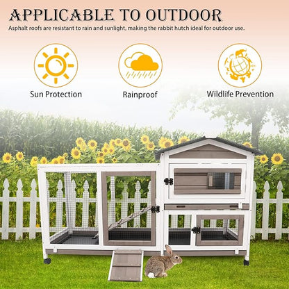 57" L Rabbit Hutch Indoor Outdoor 2 Story Large Bunny Hutch with Run Guinea Pig Cage Wooden Rabbit Cage with Removable 3 Pull Out Trays Pet House for Small-Medium Animals