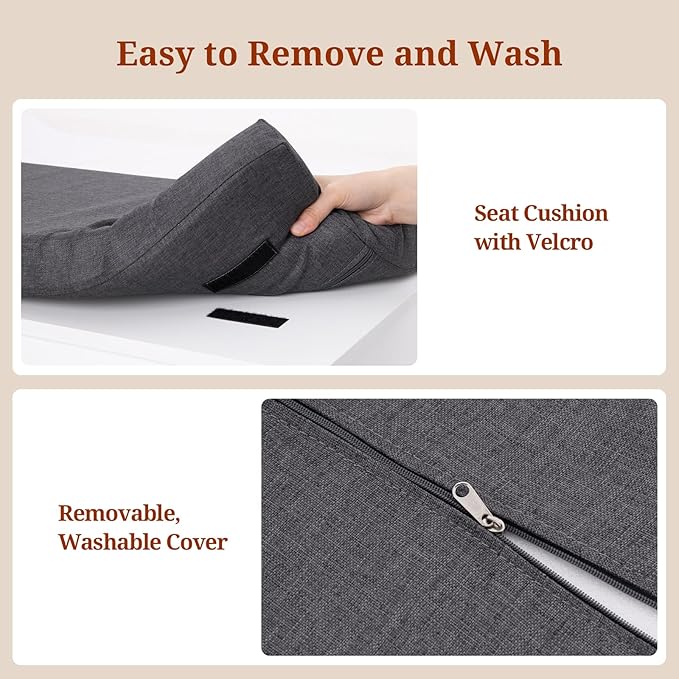 Farmhouse Storage Bench with Flip Drawers & Padded Seat Cushion, Half Hidden Shoe Rack Organizer, Adjustable Shelf Shoe Cabinet for Large Family, Entryway, Bedroom, Living Room (White)