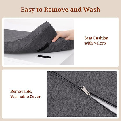 Farmhouse Storage Bench with Flip Drawers & Padded Seat Cushion, Half Hidden Shoe Rack Organizer, Adjustable Shelf Shoe Cabinet for Large Family, Entryway, Bedroom, Living Room (White)