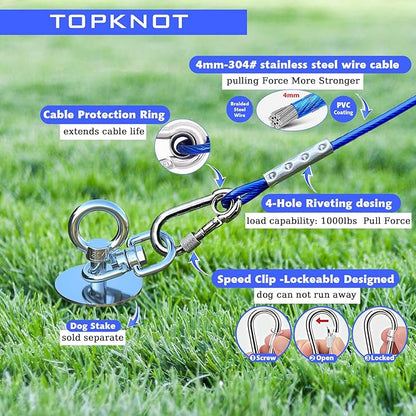 Dog Tie Out Cable and Stake,45FT Heavy Duty Cable,360°Swivel Dog Run- No Tangle,Runner for Yard- Up to 150LBS,Ideal for Outdoor Camping