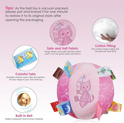 Dog Squeaky Plush Toy with Straps, 6-Inch Soft Stuffed Ball with Cotton Material and Bell Built-in, Pet Interactive Fetch Toy for Small to Large Dog