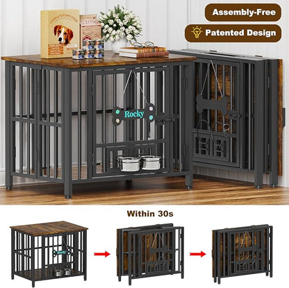 Easycom 31" Dog Crate Furniture Foldable, No Assembly Decorative Dog Kennel Indoor, Dog Crates for Small Dogs (20-40 lbs), Wooden Dog Cage with Adjustable Bowls and Name Tag, End Table, Rustic Brown