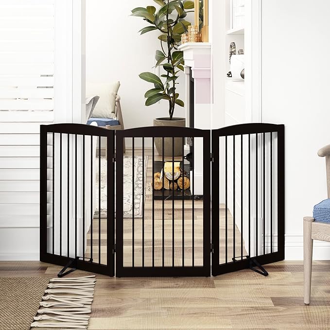 Freestanding Pet Gate for Dogs, Foldable Wooden Dog Gate for House Indoor, Tall Pet Fence for Stair, Doorway,Hall, Support Feet Included, 3 Panels 32",Brown