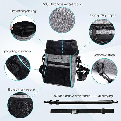 Dog Treat Pouches Training Walking Bag with Shoulder Strap, Large Space for Pets Food, Polyester Fabric, 3-Way Wearing Design, Portable Pet Bagand Easy to Clean, Black with Grey