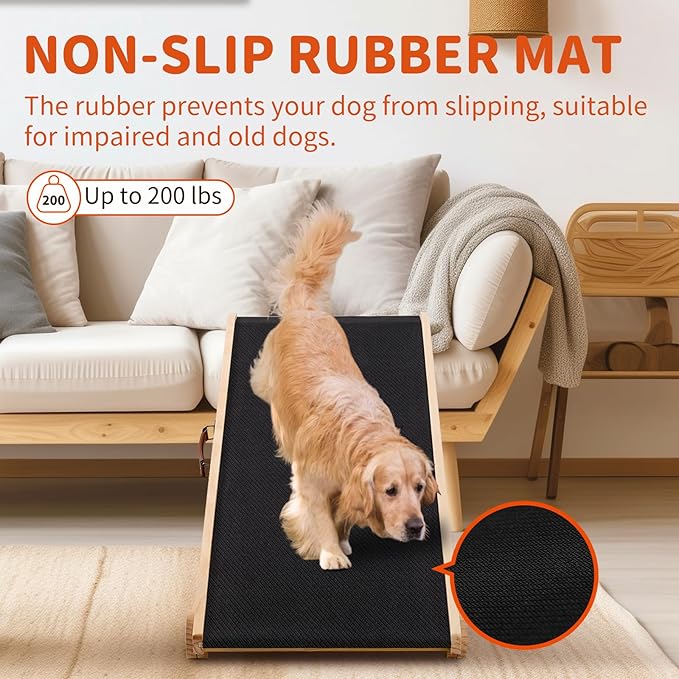 Dog Ramp, 5 Level Adjustable Height Folding Pet Ramp for High Bed, Portable Paw Ramps Large Bed Ramp for Medium & Large Old Dogs & Cats - Natural Wood Furniture Quality