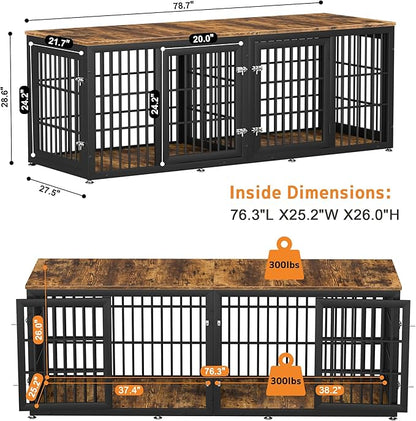 78 Inch Double Dog Crate Furniture, Heavy Duty Extra Large Cage Furniture with Divider for 2 Dogs, Decorative Wooden Kennel Furniture Indoor, Metal Pet House for Large and Medium Dogs