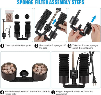 AQQA Aquarium Sponge Water Filter, Power Driven Double Biochemical Filter, Quiet Submersible Foam Filter with 2 Extra Sponges, 1 Bag of Filtered Ceramic Balls for Fresh and Salt Water Fish Tank (L)