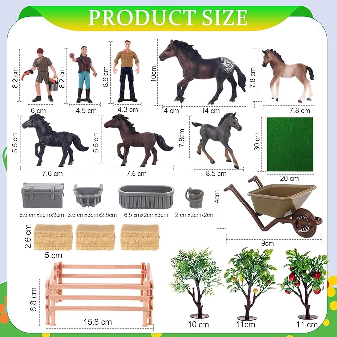 27 Pcs Horse Ranch Playset, 5 Horse Figurines 3 People Figurines 8 Fence 3 Model Trees 1 Moss Mat for Diorama Project Educational Gift Cake Topper