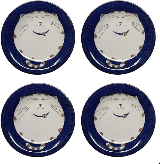 JapanBargain 2560, Set of 4 Japanese Round Porcelain Appetizer Plates for Dessert Cake Snack Maneki Neko Smiling Lucky Cat Pattern for Cat Lovers Cat Dinner Plate, Made in Japan, 6.5-inch, Blue