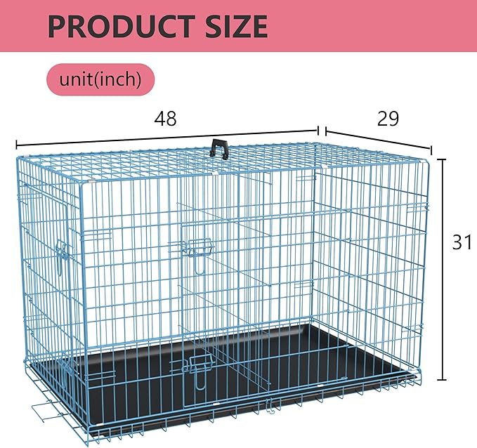 FDW Dog Crate for Large Dogs 48 Inch Folding Metal WirePet Cage Double Door W/Divider Panel Indoor Outdoor Kennel Leak-Proof Plastic Tray,Blue