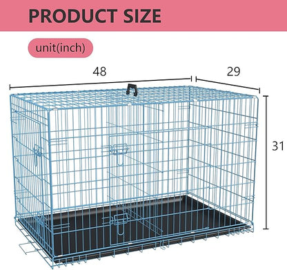 FDW Dog Crate for Large Dogs 48 Inch Folding Metal WirePet Cage Double Door W/Divider Panel Indoor Outdoor Kennel Leak-Proof Plastic Tray,Blue