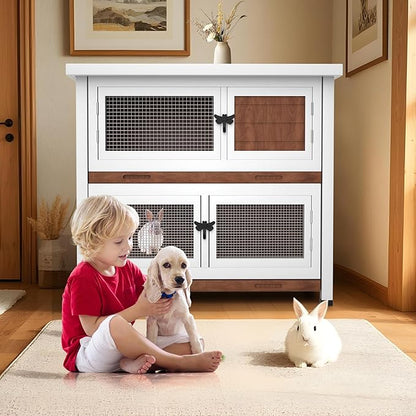 2 Story Rabbit Hutch, Indoor Outdoor Bunny Hutch Solid Wood Rabbit Cage with Removable Trays, Waterproof Asphalt Roofs and Ventilation Door, Small Animal House for Rabbit Guinea Pig Ferret, Walnut