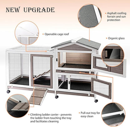57" L Rabbit Hutch Indoor Outdoor 2 Story Large Bunny Hutch with Run Guinea Pig Cage Wooden Rabbit Cage with Removable 3 Pull Out Trays Pet House for Small-Medium Animals