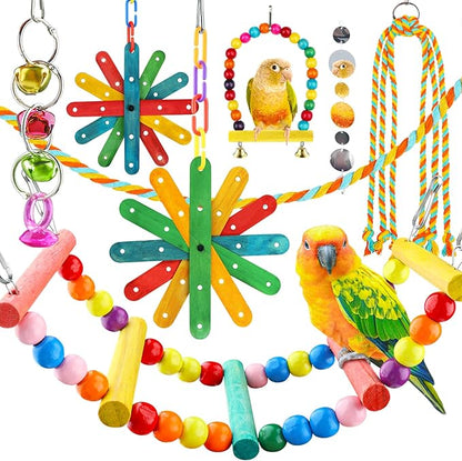 8 pcs Bird Toys for Parakeets with Colorful Ladder Hammock Bird Cage Accessories Bird Perch Stand Chewing Toys Hanging Bell Parrot