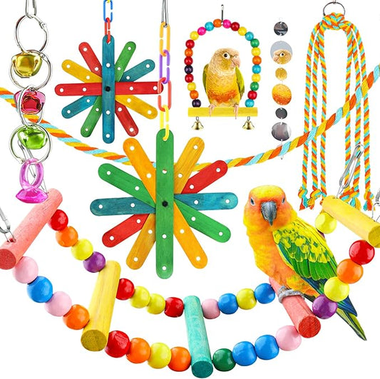 8 pcs Bird Toys for Parakeets with Colorful Ladder Hammock Bird Cage Accessories Bird Perch Stand Chewing Toys Hanging Bell Parrot