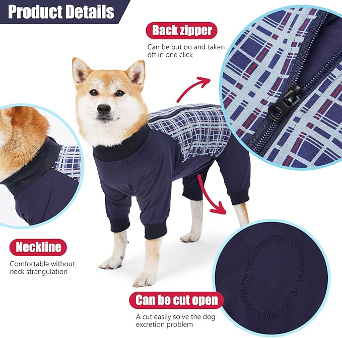 Dog Recovery Suit, Abdominal Wound After Surgery Wear, Anti Licking Bodysuit with Zipper, E-Collar & Cone Alternatives, Plaid Dog Spay Surgical Shirt Prevent Shedding(Small, Blue)