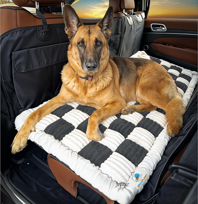APetsPlanet Dog Bed for Car Back Seat Extender - Non-Slip Backseat Cushion for Dogs - Travel Plush Pet Mat Topper for Cars, Trucks, SUVs - Machine Washable Pad Blanket - Black Plaid, 54" x 24.8"