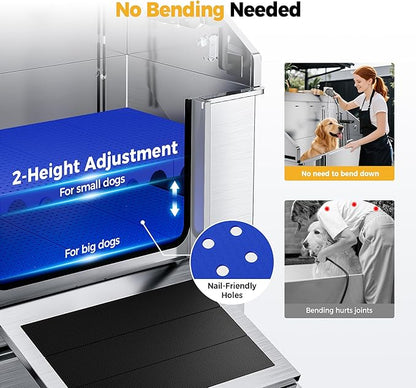 50" Dog Washing Station - 304 Stainless Steel, 27.4" Wide Ramp, Water-Storing Dog Bathing Station w/Swivel Wheels, Pet Proof Faucet, 2 Drawers, Dog Bathtub for Medium & Small Dogs