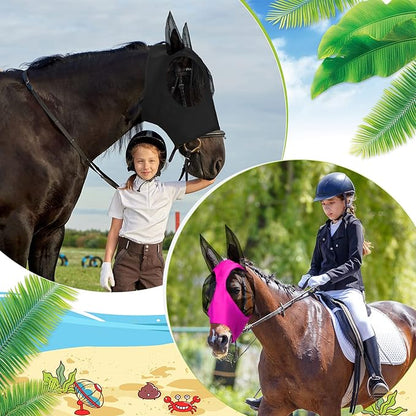 Frienda 4 Pcs Horse Fly Masks with Ears Head Fly Masks for Horses Smooth Elastic UV Protection Cover from Summer Insect Pests(Large,Purple, Blue, Pink, Black)