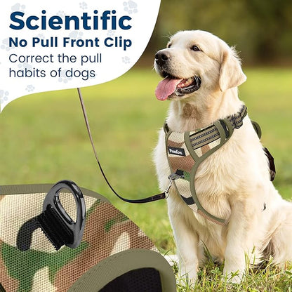 Funfox Dog Harness No Pull, Adjustable Pet Vest Harness, Super Soft Material with Vertical Handle Easy Control, Reflective Night Walking, 2 Leash Clips for Large Dogs, Camo Green, L