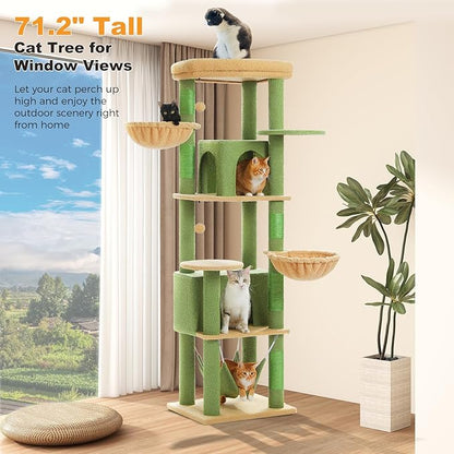 71.2" Large Cat Tree for Multi-Cat Households - 9-Level Cat Tower w/5 Sisal Scratching Posts, 2 Condos, Soft Hammock, Top Perch & Pom Poms - Heavy-Duty Space-Saving Design, Cactus Green
