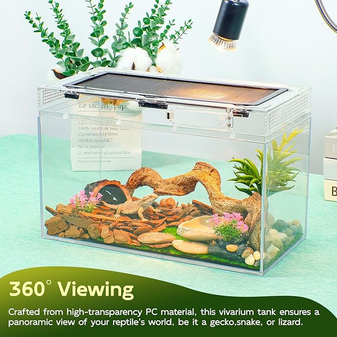 12.5''×6''×7'' Reptile Tank Kit with Heat Lamp, Spray Bottle, Shovel, Tweezers, Food Bowl, Hideout -Perfect for Geckos, Snakes, Lizards, Turtles, Jumping Spider,Milk Frog,Hermit Crabs