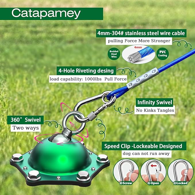 Dog Tie Out Cable and Stake,360°Swivel Dog Run Anchors-with 30FT Heavy Duty tie Out Cable- No Tangle,Dog Runner for Yard- Up to 150 lbs,for Outdoor Camping Gift