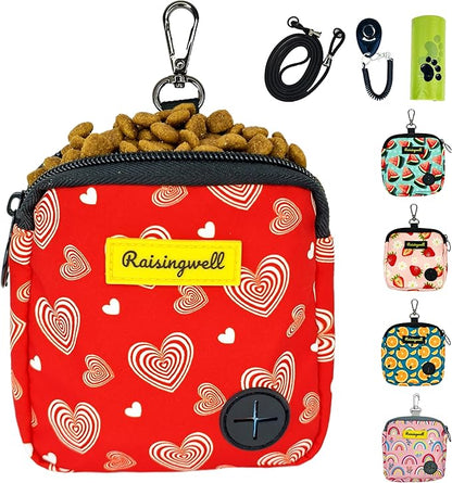 Dog Treat Pouch for Pet Walking and Training with Clicker Poop Bags Small Fanny Zipper Pack Holder for Puppy Snack Dispenser Kit for Leash and Outdoor Use (Valentine)