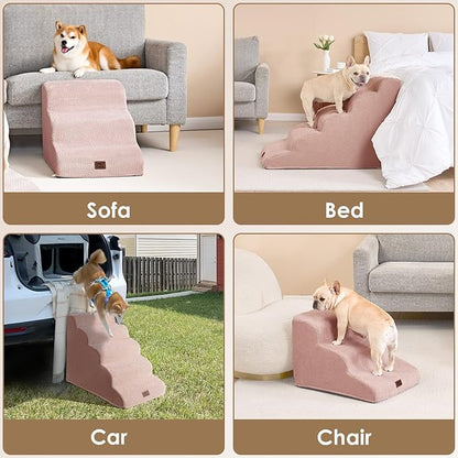EHEYCIGA Curved Dog Stairs Ramp for High Beds 19.7" H, 4-Step Dog Steps for Small Dogs and Cats, Pet Stairs for High Bed Climbing, Non-Slip Balanced Pet Step Indoor, Dusty Pink