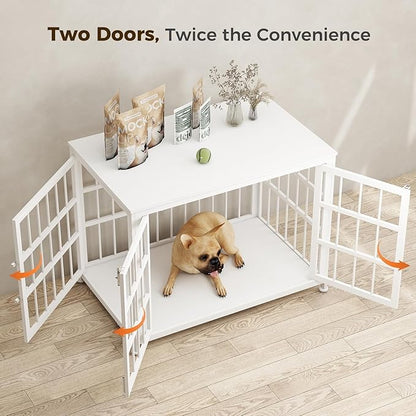 32 Inch Heavy Duty Wooden Dog Kennel End Table with Double Door Design and Secure Locks, Indoor Pet Crate Furniture for Medium Dogs, Decorative Home Cage Design,White