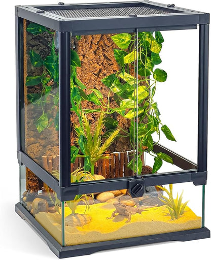 360° Clear View 12 Gallon 18x12.6x12.6 Glass Reptile Terrarium Suitable for Bearded Dragon, Chameleon, Crested Gecko, Multi-Pet Enclosure with Front Door, Excellent Ventilation, Hidden Wiring Holes