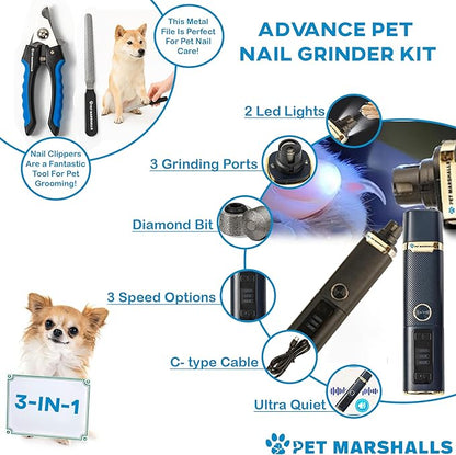 3-in-1 Cat & Dog Nail Grinder with Clipper & File, Quiet LED Trimmer, 3-Speed Pet Grooming Tool, Rechargeable 2000mAh Battery